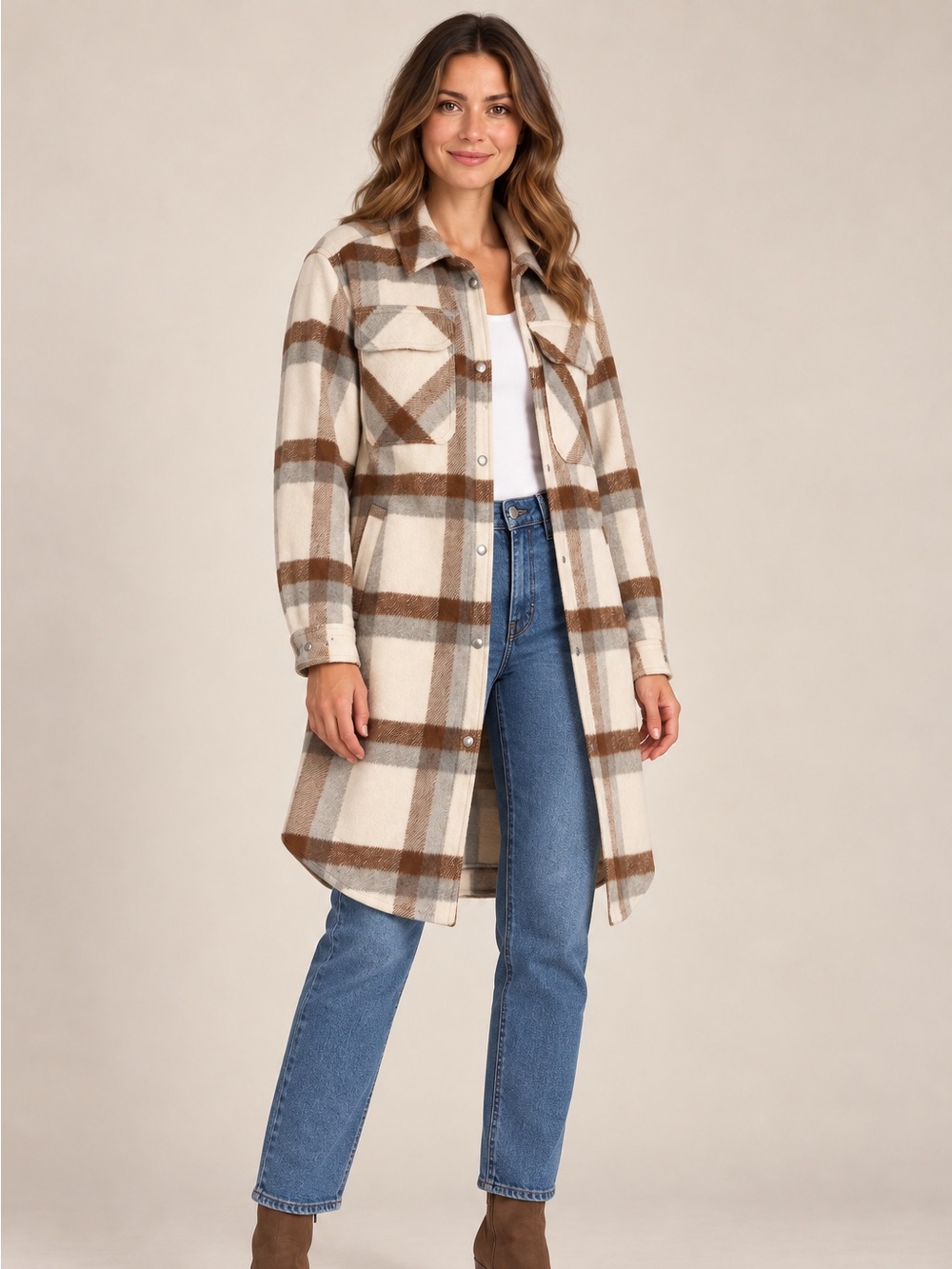 Blank NYC Cream, Brown & Gray Plaid Pea Coat